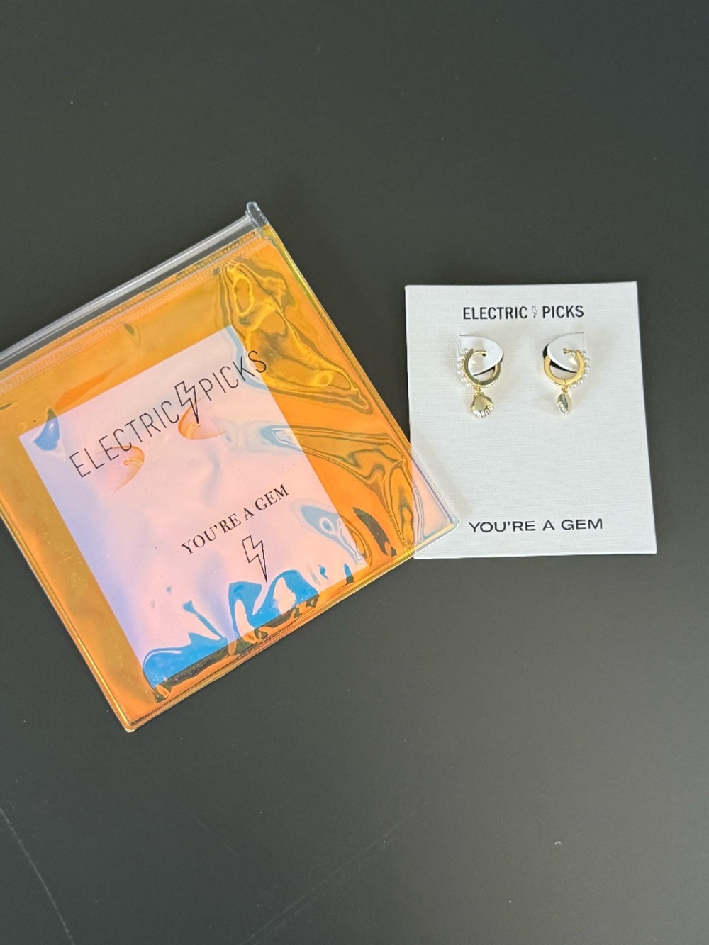 Electric Picks Gold / Pearl Hoop Earrings with small oyster shell dangle